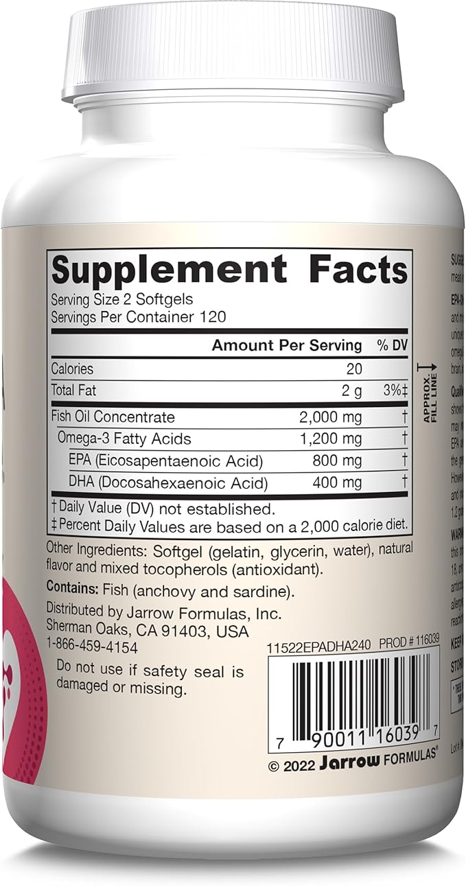Jarrow Formulas EPA-DHA Balance, 1,200 mg Omega-3 Fatty Acids for Cardiovascular Support, 240 Softgels, 120 Day Supply
