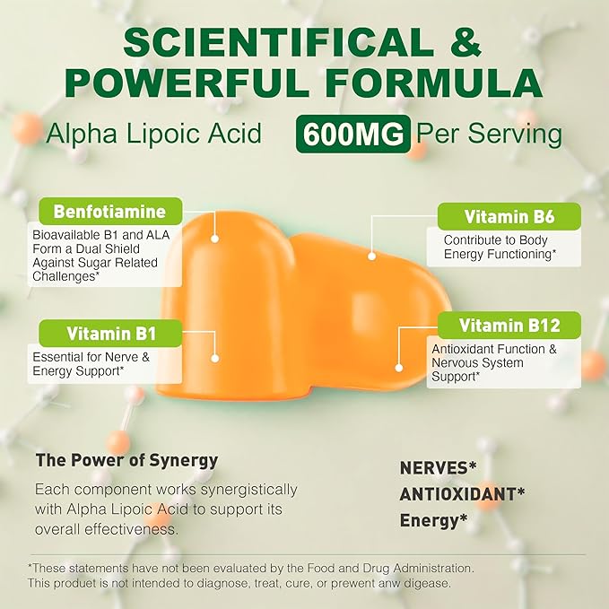 Alpha Lipoic Acid Gummies - Vegan, Sugar-Free,600 mg ALA Supplement - Pure ALA Alpha Lipoic Acid 600mg with Benfotiamine for Nerve Support, Antioxidant Support - 60 Counts