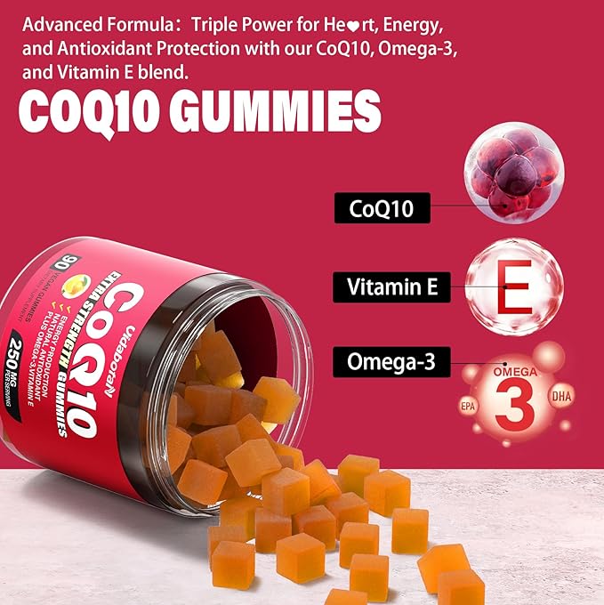 Sugar Free Coq 10 Gummies 250mg with Vitamin E, Omega-3, High Absorption Coenzyme Q10 Supplements for Heart, Energy & Antioxidant Support,Orange Flavor, Vegan, 90 chewable Gummies