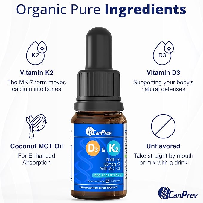 CanPrev D3 & K2 Drops - MCT Oil Base, 15ml Liquid Vitamin Supplement, 450 Drops with 250IU D3 & 30mcg MK-7 K2, Supports Strong Bones & Teeth, Easy-to-Take Formula, Free from Gluten, Dairy, Soy & Sugar