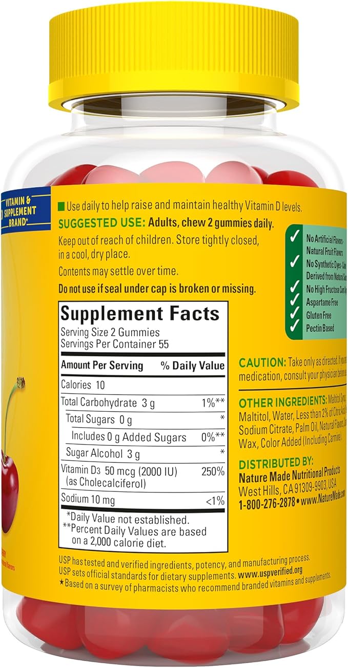 Nature Made Zero Sugar Vitamin D3 Gummies 2000 IU (50 mcg) per Serving, Immune, Bone, Teeth & Muscle Support Supplement, Aspartame Free, 110 Sugar Free Vitamin D Gummies, 55 Day Supply
