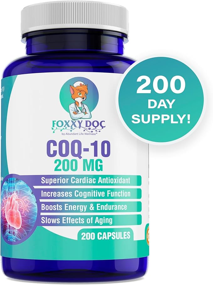 CoQ10 - Co-Enzyme Q10-200 mg - Excellent Value - 200 Caps - Quick Absorption - Veg. Caps - Non-GMO - Ubiquinone - Heart & Cellular Energy & Brain Supplement by Foxxy Doc