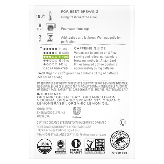 TAZO Organic Zen Green Tea, Caffeinated Tea with Refreshing Lemongrass & Spearmint, 36 Total Bags