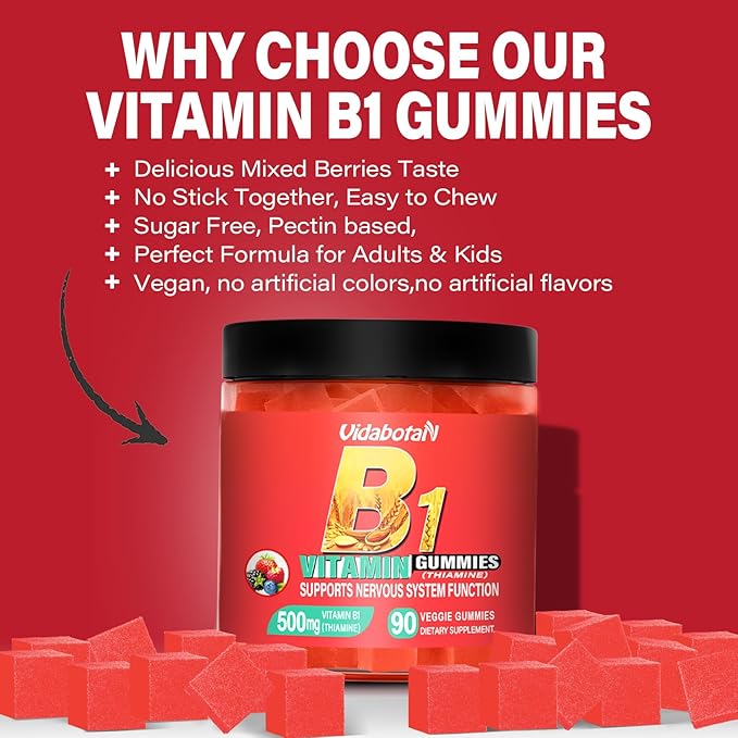 Sugar Free Vitamin B1 Gummies 500mg- Thiamine B1 Supplement for Adults & Kids- Natural Mixed Berries Flavor, Vegan, 90 chewable Gummies