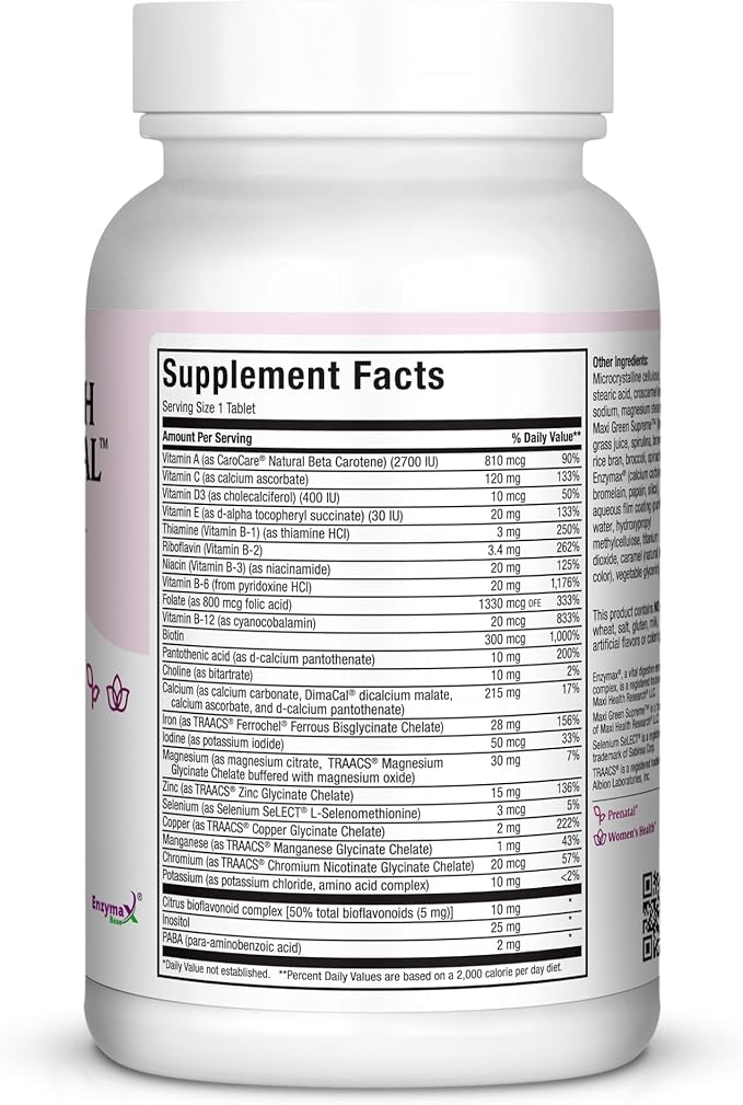 Maxi Health One Prenatal - Womens Prenatal Vitamins with Iron - Enhanced Absorption & Bioavailability - Daily Multivitamin for Women - Multi Vitamin & Mineral Supplement for Adults - 120 Tablets