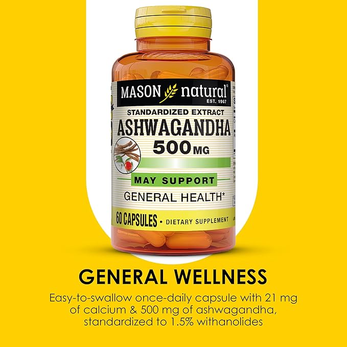 Mason Natural Ashwagandha 500 mg, Adaptogen for Stress & Energy Support, Herbal Supplement, 60 Day Supply