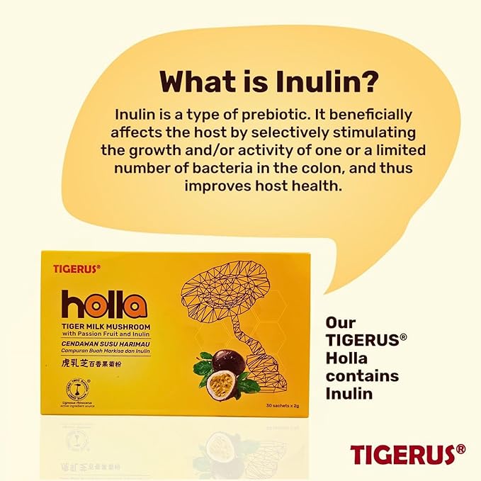 TIGERUS® Holla Tiger Milk Mushroom with Passion Fruit and Inulin - Immune Support, Digestive Health, Antioxidant Boost, Natural Wellness Supplement - 30 Sachets