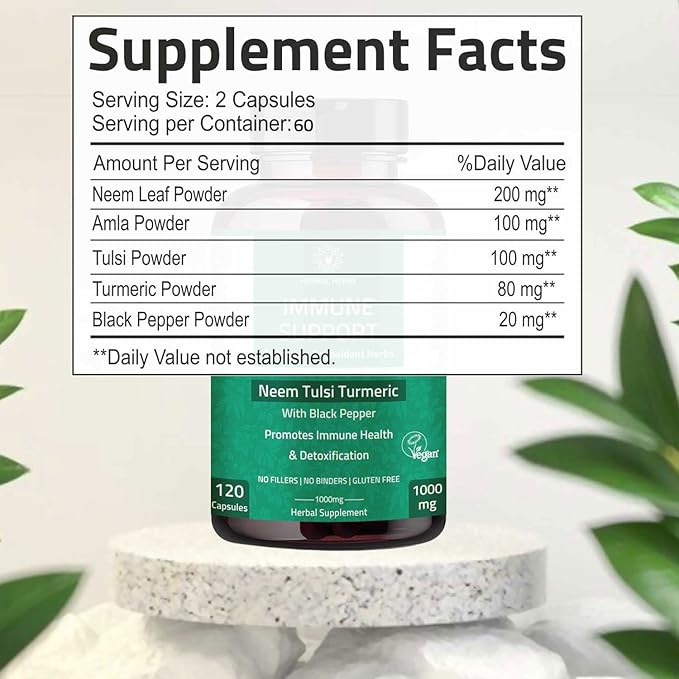 Immune Support Capsules - Immunity Support Supplement 120 Capsules Made with Organic Neem, Tulsi, Amla & Turmeric, Enhance Wellness and Immune Function.