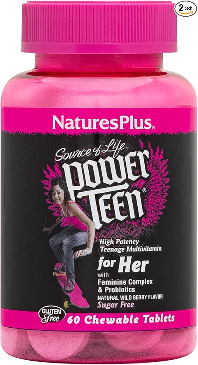 Natures Plus Source of Life Power Teen for Her, Natural Berry - 60 Chewable Tablets, Pack of 2 - High Potency Multivitamin - Sugar Free, Vegan - 60 Total Servings