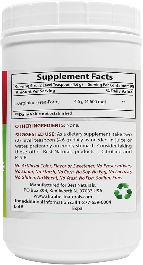 Best Naturals L-Arginine Powder 1 Pound - Pure Pharmaceutical Grade Free Form - Best Amino Acid Arginine Supplements for Women & Man - Promotes Circulation and Supports Cardiovascular Health