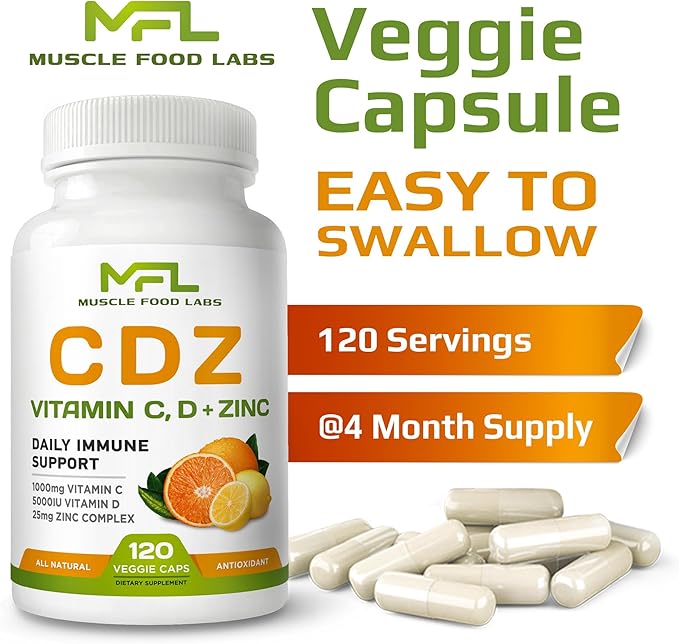 | C D Z | Vitamin C, 1000mg | Vitamin D3, 125mcg | Zinc, 25mg | Non-GMO & Gluten Free | 120 Vegetarian Capsules | 120 Servings
