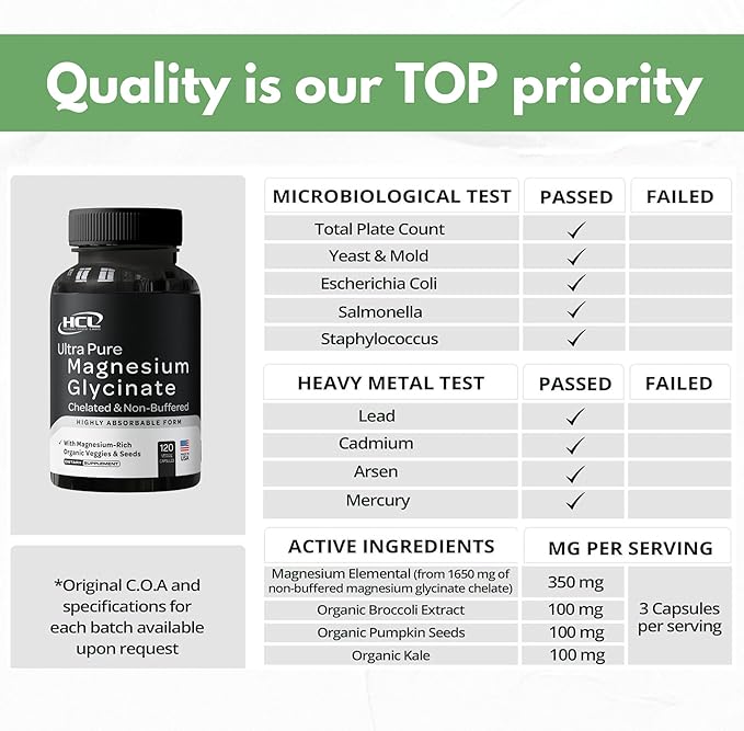 Pure Magnesium Glycinate Capsules - Non-Buffered 350mg Elemental Magnesium Supplement - Chelated High Absorption & Purity Magnesium Complex - Made in USA