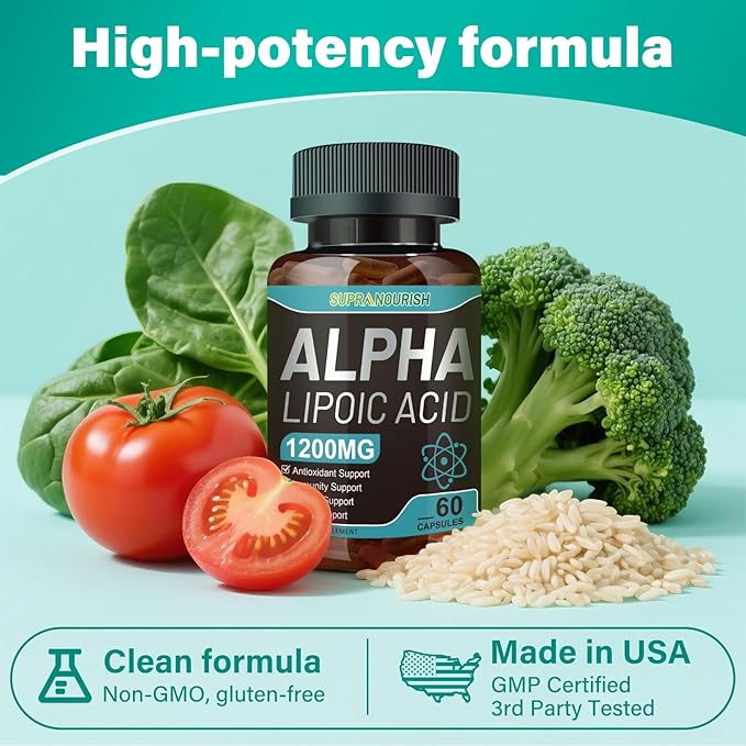 Alpha Lipoic Acid 1200mg - ALA Supplement,Promote Antioxidant for Nerve, Energy and Metabolism,with Benfotiamine, Vitamins B1/B12,60 Capsules