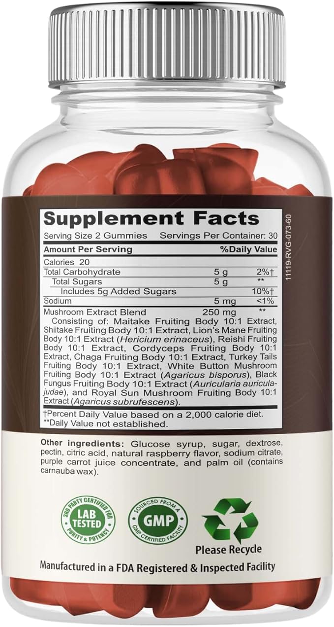 Super Mushroom Gummies for Adults, 10X Mushroom Supplement w/Lions Mane, Supports Brain and Immune System Health, No More Pills & Capsules
