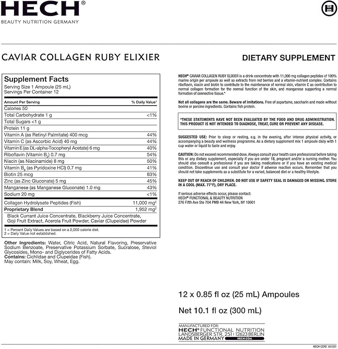 HECH Caviar Collagen Ruby Elixier - Beauty Supplement with 11,000 mg Marine and Caviar Collagen Peptides, Polyphenols and Complex of 9 bioactive Vita-Mineral Nutrients