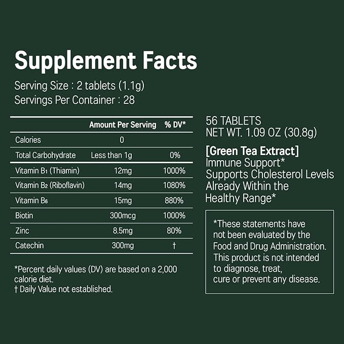 Green Tea Catechin+ - Contains Catechin 300mg, Aloe Vera Extract Powder, Vitamins, Biotin for Dietary and Health Supplement (56 Tablets / 28 Days Serving)