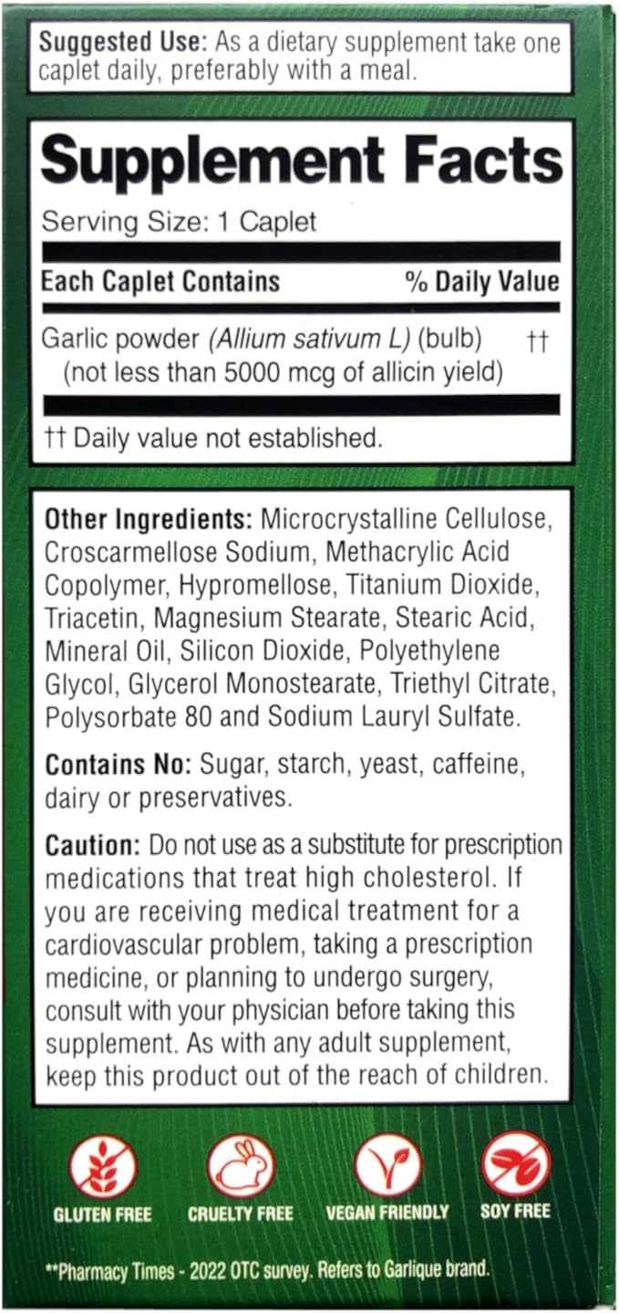 Garlique Healthy Cholesterol Formula with 5000 mcg of Allicin, 60 Enteric Coated Caplets (Pack of 2)