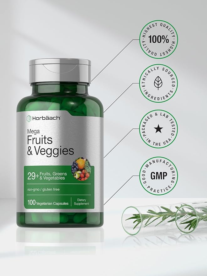 Horbäach Mega Fruits and Veggies Supplement | 100 Capsules | Vegetarian, Non-GMO and Gluten Free