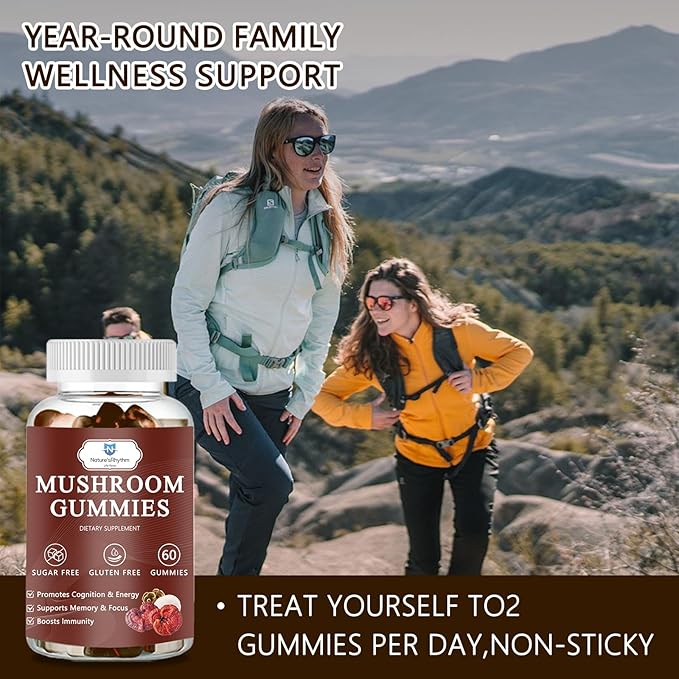 Organic Mushroom Gummies with Mane Mushroom, Reishi, Cordyceps, Lion's Mane Mushroom Gummies for Adults Brain Booster, Immune Support, Energy-60 Units