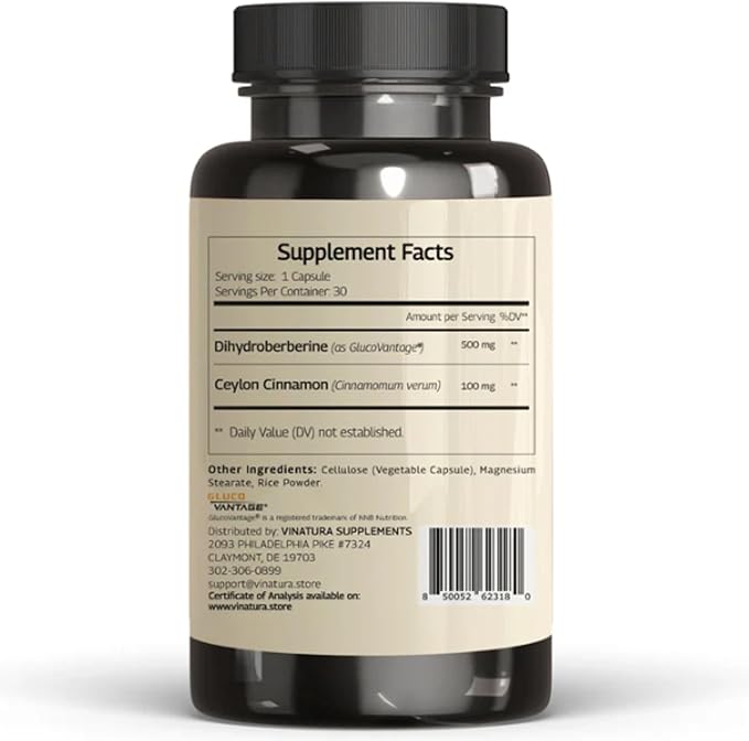 Dihydroberberine Supplement 500mg with Ceylon Cinnamon - (Patented GlucoVantage Super Berberine), Maybe Berberine 5X More absorbable - 30 Capsules