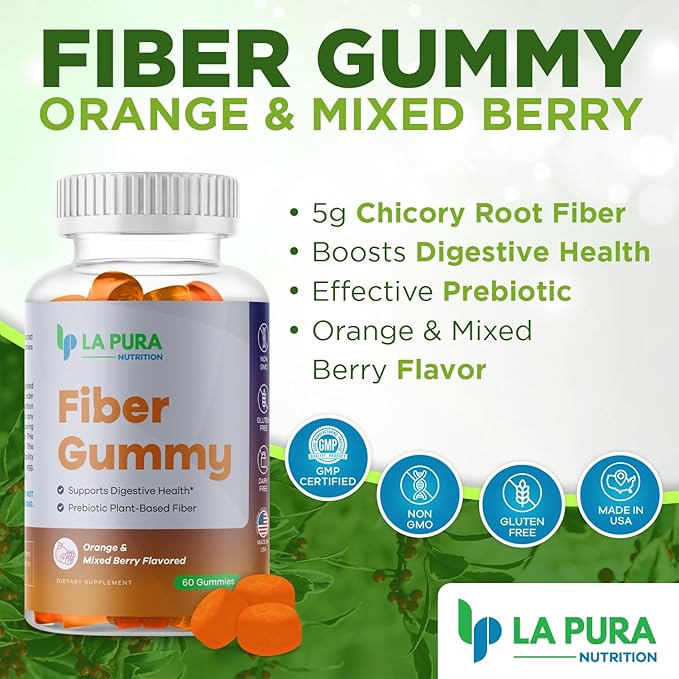 LaPura Prebiotic Chicory Root Fiber Gummy 5g, 60 Gummies - Supports Digestive Health, Prebiotic Plant-Based Fiber Blend - Orange & Mixed Berry Flavor - Non-GMO, Gluten-Free, Made in USA