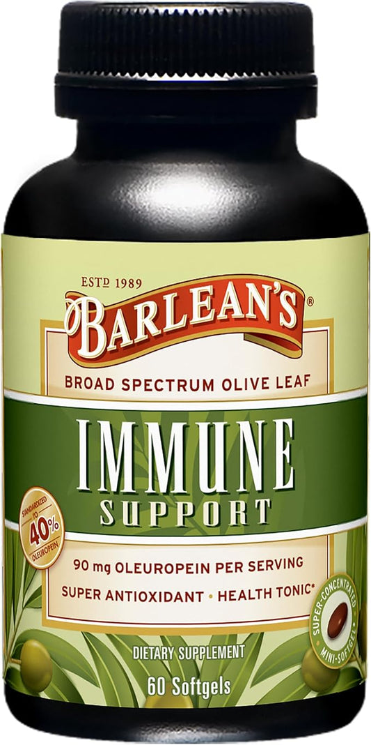 Barlean's Olive Leaf Complex Softgels Immune Support Supplement with 90 mg Oleuropein Antioxidants, Concentrated Heart Health and Immunity Booster Pills, 60 Count