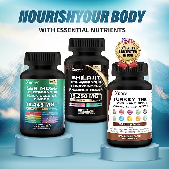 Shilajit,Sea Moss, Black Seed Oil,Mushroom & Herb Supplement with Lions Mane, Turkey Tail, Reishi, Cordyceps, Chaga, Ashwagandha, Ginger, Rhodiola Rosea & Panax Ginseng,All in One Supplement.