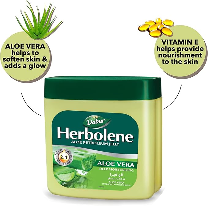 Dabur Herbolene Aloe Vera Gel Petroleum Jelly - Enhanced with Vitamin E for Deep & Intensive Skin Moisturization - Gentle on Sensitive Skin - Nourishing Bliss & Lasting Hydration - 425 ML (Pack of 1)