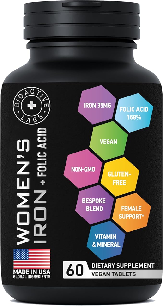 Vegan Iron Supplements for Women with Folic Acid - 168% Folate Folic Acid, 194% Ferrous Sulfate Blood Builder with Anemia and Pregnant Women - 2-Pack, 120 Gluten-Free Gentle Iron Tablets