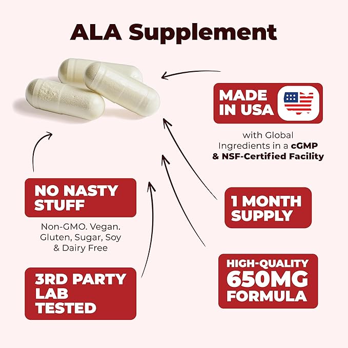 Alpha Lipoic Acid - ALA Nerve Support Supplement 650mg for Inflammation, Energy, Metabolism, Antioxidant & Aging Support. High Potency Alpha-Lipoic Acid - Vegan, Non-GMO. Made in the USA. 60 Capsules