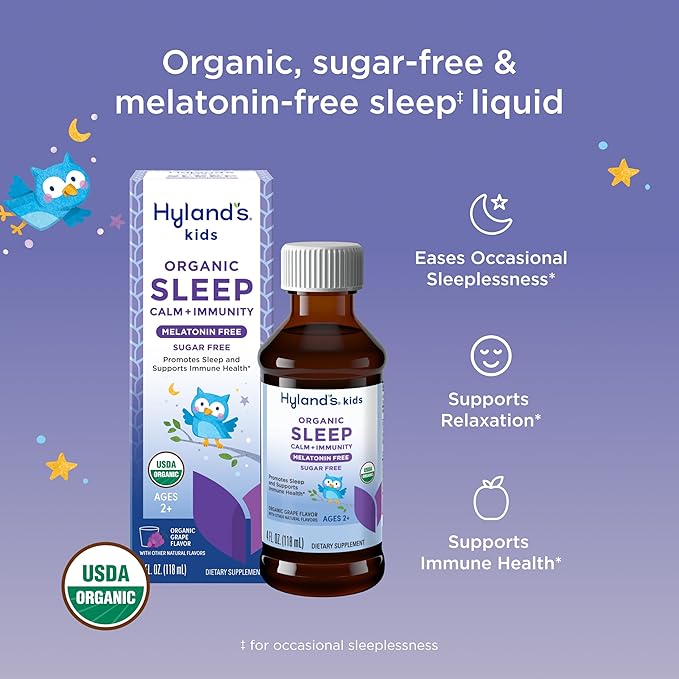 Hyland's Kids Melatonin-Free Organic Sleep Calm and Immunity Liquid, Sugar-Free, Promotes Sleep and Supports Immune Health, Ages 2 and up, Grape Flavor, 4 Fl. Oz.
