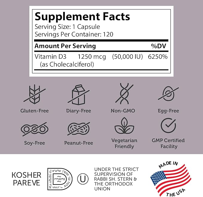 Zahler - Advanced Vitamin D3 50000 IU capsules (120 Count) Kosher Vegetarian Friendly Vitamin D for Immune Support, Bone, Teeth & Muscle Health - Weekly D3 Vitamin Supplement- Easy Swallow Vitamin D3.