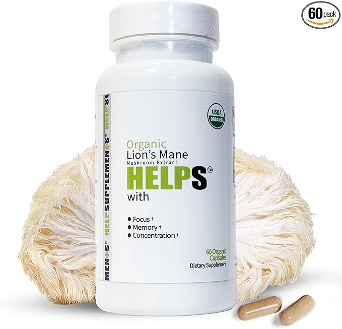 Organic Lion's Mane Mushroom Capsules | 1000mg Lions Mane Powder Extract Supplement | Dietary Herbal Supports for Focus, Memory, Digestion & Immune Health | Gluten, Soy, Milk-Free | 60 Capsules