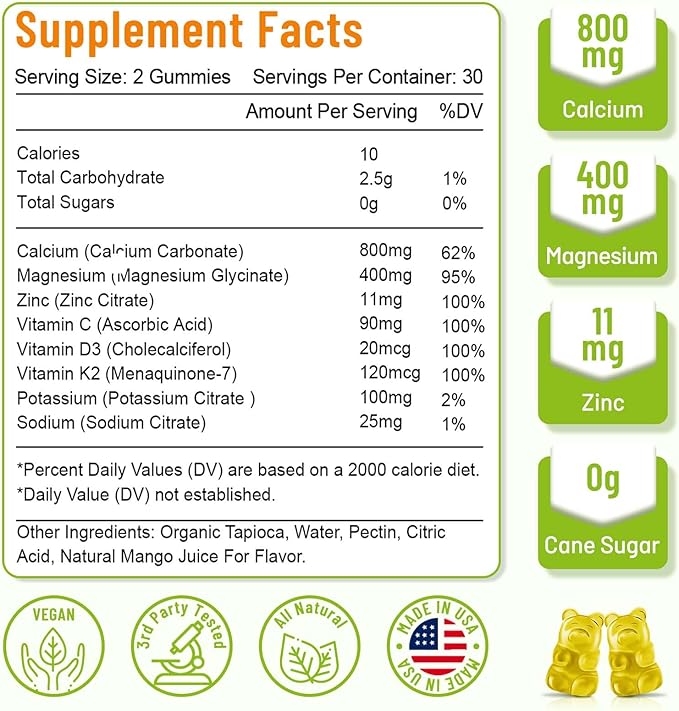 High Absorption Calcium Gummies, Calcium Magnesium Zinc with Magnesium Glycinate, Potassium, Vitamin D3 for Women & Men- Mango Flavor 120 Cts