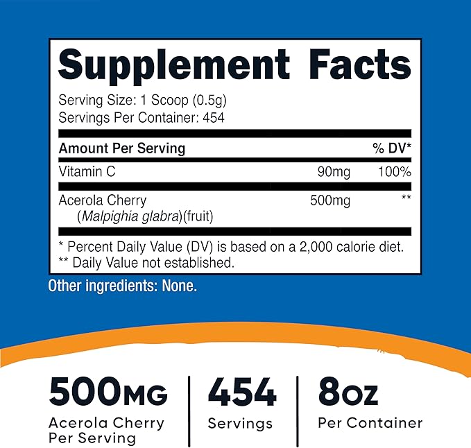 Nutricost Natural Vitamin C - Acerola Cherry Powder 0.5 LB - Gluten Free & Non-GMO