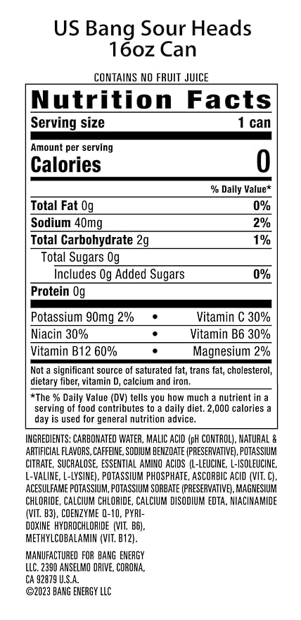 Bang Energy Sour Heads, Sugar-Free Energy Drink, 16-Ounce (Pack of 12)