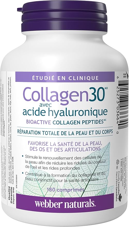 Webber Naturals Collagen30 with Hyaluronic Acid, Bioactive Collagen Peptides, 180 Tablets, Helps Reduce Eye Wrinkles and Fine Facial Line, Non GMO