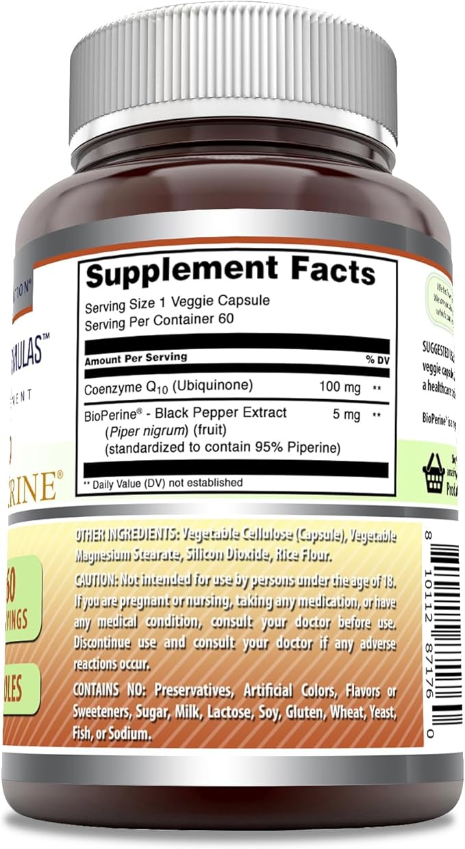 Amazing Formulas CoQ10 with Bioperine | 100 Mg Per Serving Supplement | 60 Veggie Capsules | Non-GMO | Gluten Free | Made in USA