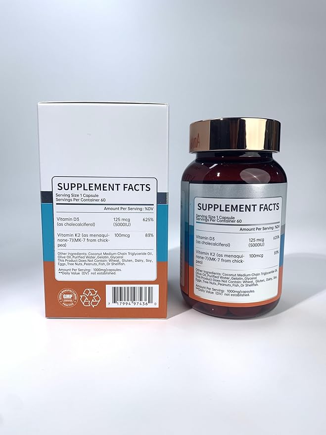 Vitamin D3 K2 Supplement with Vitamin D3 (5000 IU), K2 & MCT Oil - Non-GMO, Gluten-Free, Easy to Swallow Capsules for Bone Health, Heart & Immune Support, 60 Softgels