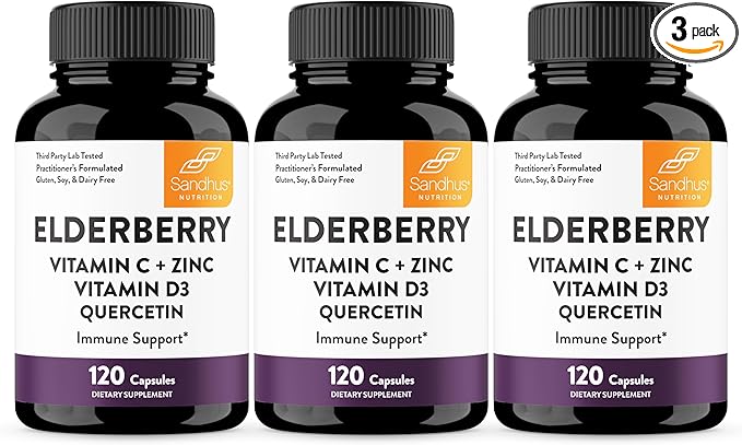 Elderberry Vitamin C and Zinc 120 Capsules (Pack of 3) | with Quercetin and Vitamin D3 | Immune Support for Adults | Herbal Supplement for Men and Women