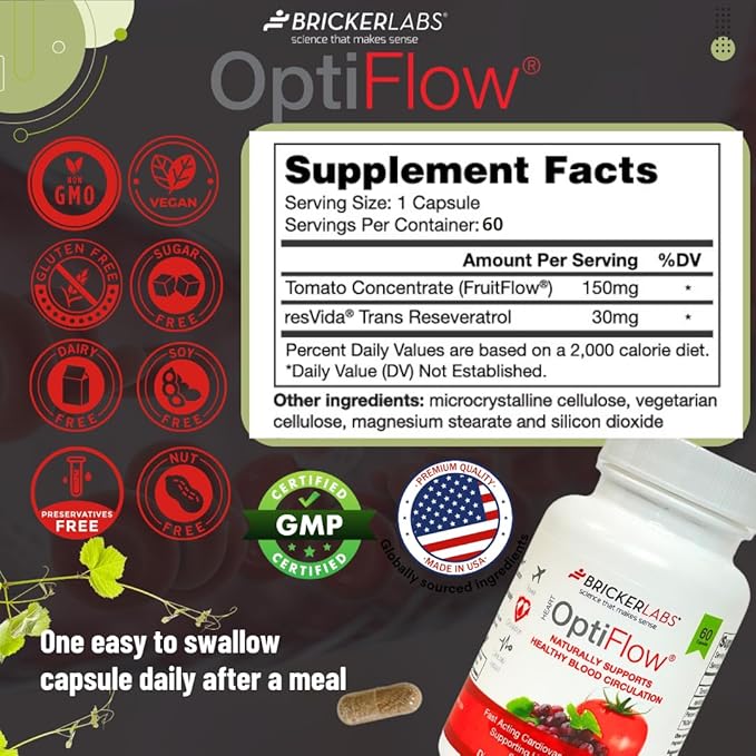 OptiFlow Blood Circulation Vitamins, Naturally Supports Healthy Blood Flow, Contains FruitFlow and resVida Trans resveratrol. Blood Optimizer Supplement 60 Capsules