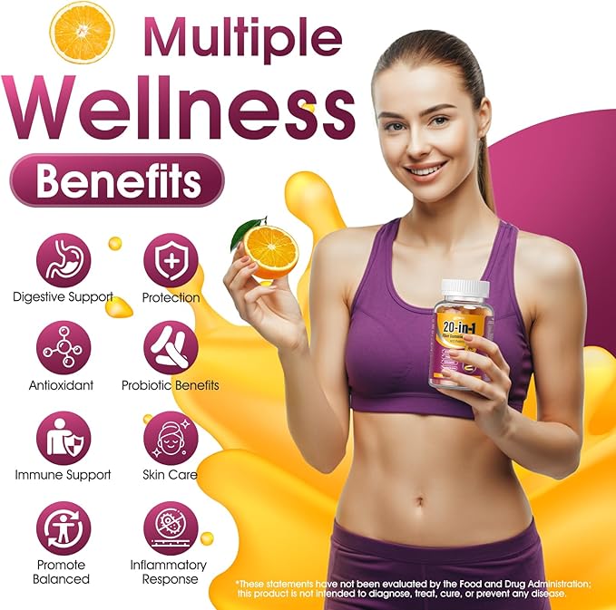 Fiber Supplement 20-in-1, Fiber Gummies for Adults, 50 Billion CFU Probiotic & Prebiotic Supplement with Inulin, Psyllium, Support for Gut & Digestive Health, 60-Count, Peach & Orange