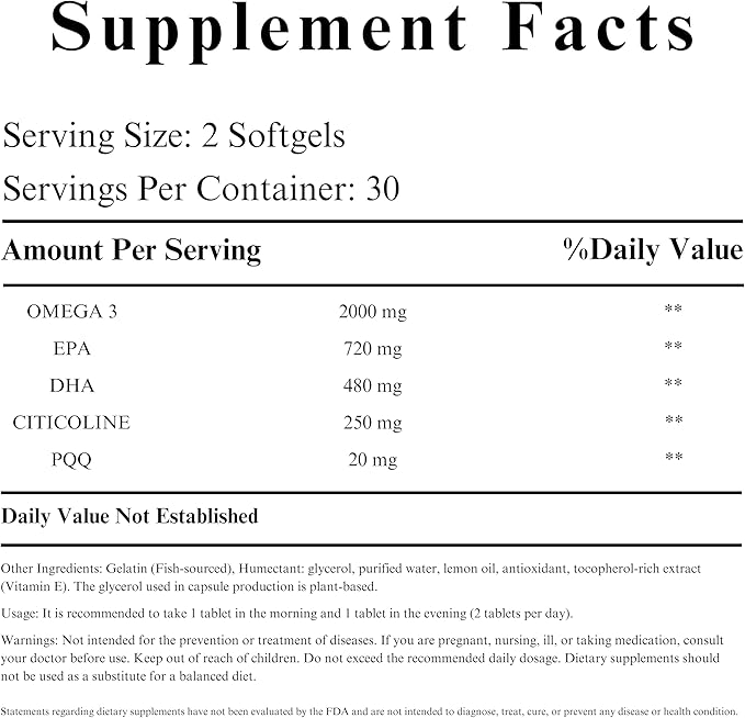 Omega-3 Focus 2000mg, Nootropic Formula with Citicoline, B12, PQQ, Folate, P5P | 60 Softgels - 30 Days Supply