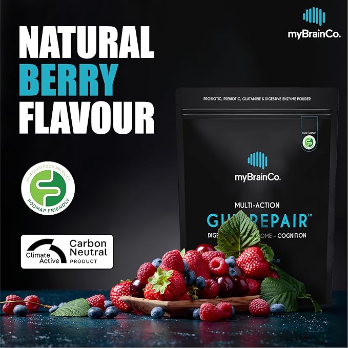 myBrainCo Gut Repair - Gut Health & Digestion Supplement for IBS, Bloating, Reflux & Leaky Gut - Low-FODMAP Certified with Probiotics, Prebiotic Fibre, Digestive Enzymes, Glutamine, Marshmallow (310g)