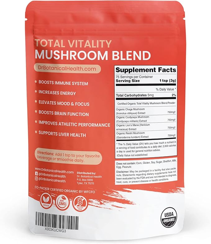 Organic Mushroom Powder Blend - 4-in-1 Reishi, Lion’s Mane, Cordyceps and Chaga Mushroom Supplement Extract Complex, Mushroom Blend Powder for Immune Boost & Brain Support, Add to Coffee, Tea or Water