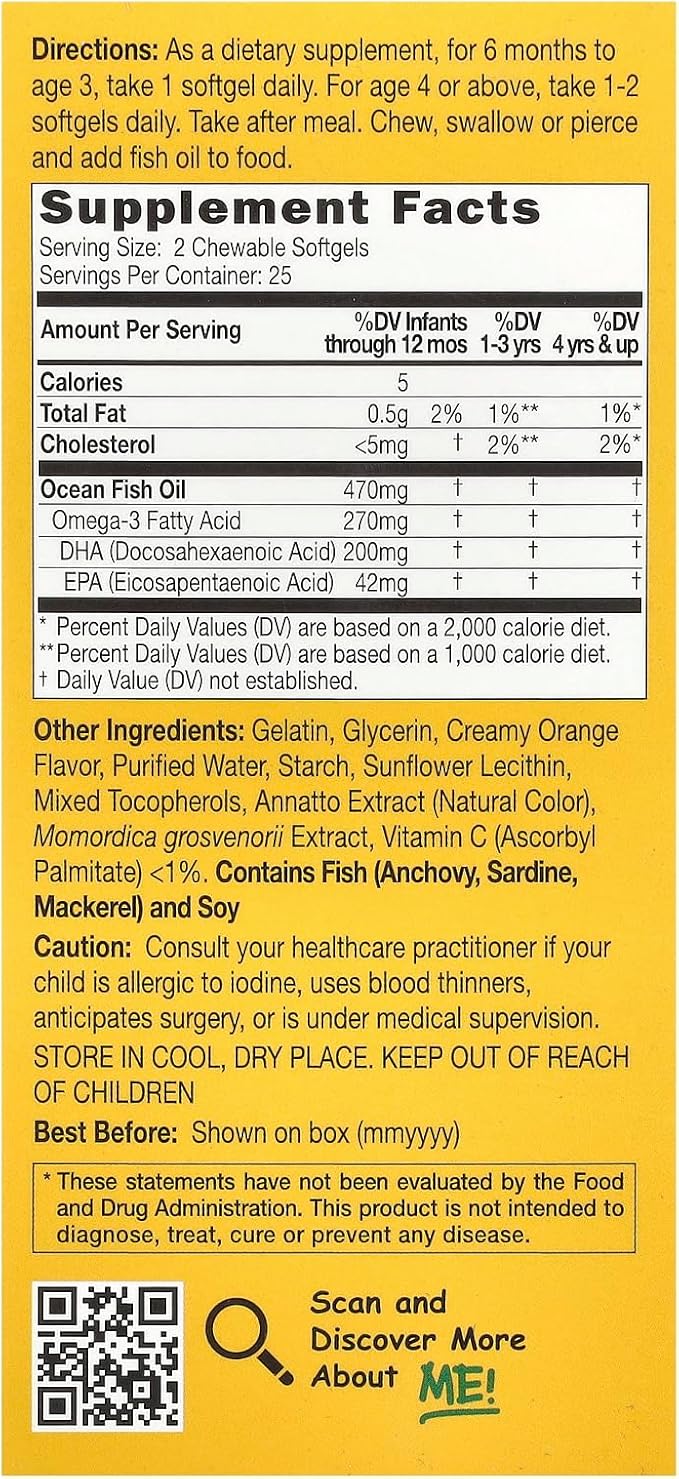 CATALO Children's DHA Formula Fish Oil Supplements, Chewable Softgels, 200mg DHA per Serving, Omega-3, Natural Orange Flavor for Kids, for Brain Function & Eye Development, Easy to Take, 50 Softgels