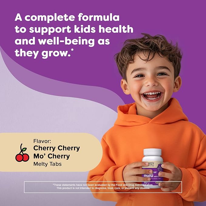 Renzo's Picky Eater Kids Multivitamin with Iron, Dissolving Kids Vitamins with Vitamin D3 & K2 and More, 60 Sugar-Free Melty Tabs, Cherry Cherry Mo’ Cherry Flavored