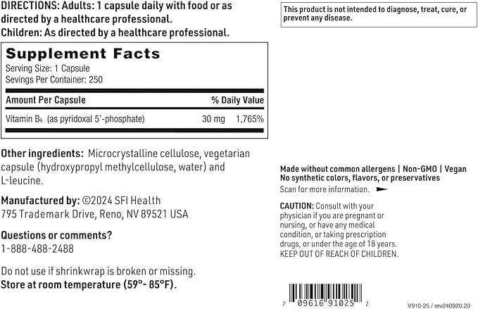 Klaire Labs P-5-P - 30 Milligrams of Bioactive Vitamin B6 Pyridoxal-5-Phosphate for Metabolic & Liver Support, Hypoallergenic (250 Capsules)