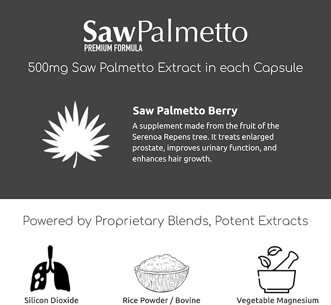 Saw Palmetto Premium, Scalp Health for Optimal Hair Growth, Follicle Strength, Hair Loss Protection, Prostate and Urinary Health and Overall Male Immune Support