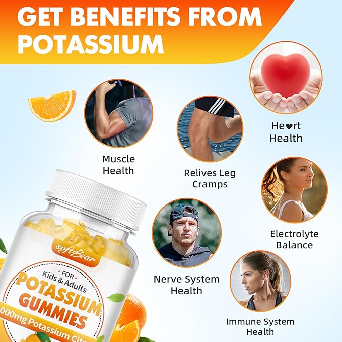 softbear Potassium Citrate 1000mg, Sugar Free Potassium Gummies for Adults Support Leg Cramps & Muscle Health High Potency Potassium Supplement Gummies Orange Flavor 120 Count